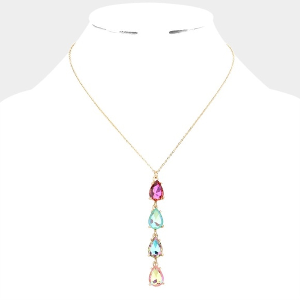 Gold multi color Teardrop stone link fashion dangle necklace